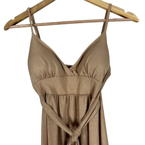 Vintage Street Code Mini Dress Womens S Gold Metallic Tie Waist Cocktail Y2K - Picture 2 of 5